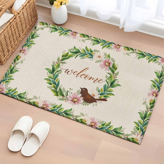 Spring Botanical 2'x3' Washable Rug, Garden Birds Floral Leaves Rustic Burlap Non-Slip Soft Doormat Area Rugs for Entrance Bathroom Bedsides, Carpet for Kitchen Bedroom, Entryway Floor Mat
