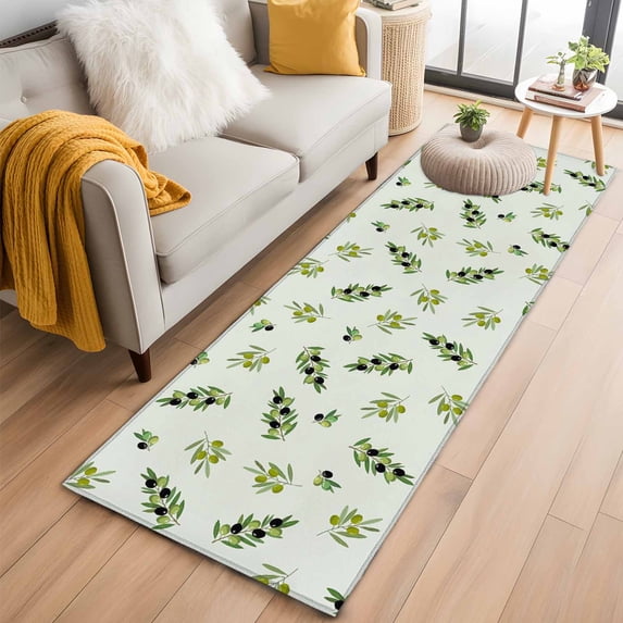 Spring Botanical 2'x6' Runner Rugs for Hallway Kitchen Bedside Non Slip Washable, Green Olive Berry Branches Leaves Fruit Entryway Rug Runners with Rubber Backing, Long Carpet Runner for Laundry Room