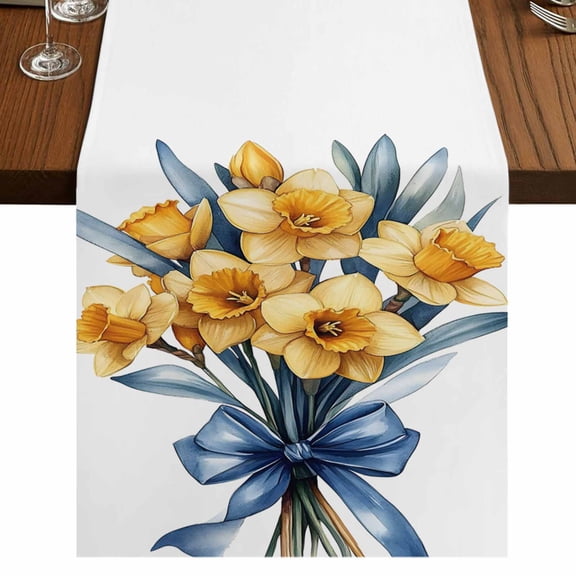 Spring Botanical 36 Inch Table Runner, Yellow Verdant Flower Patterns Farmhouse Dresser Scarf Cotton & Linen Tablerunner for Dining/Kitchen Island/Holiday Party Décor Small 13" x 36"