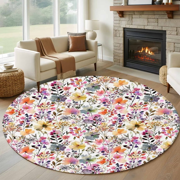 Spring Botanical 6ft Round Rugs, Watercolor Floral Flowers Country Vintage Washable Non-Slip Area Rugs for Living Room Bedroom Kitchen, Low Pile Dining Room Kicthen Circle Carpet, Indoor Floor Rug
