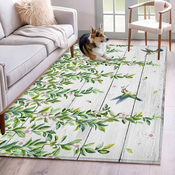 Spring Botanical Area Rugs 3'x5', Washable Small Throw Rugs for Living Room Bedroom, Watercolor Leaves Flowers Birds Gray Wood Indoor Outdoor Rug Non-Slip Low Pile Carpet Runner Reversible Floor Mats