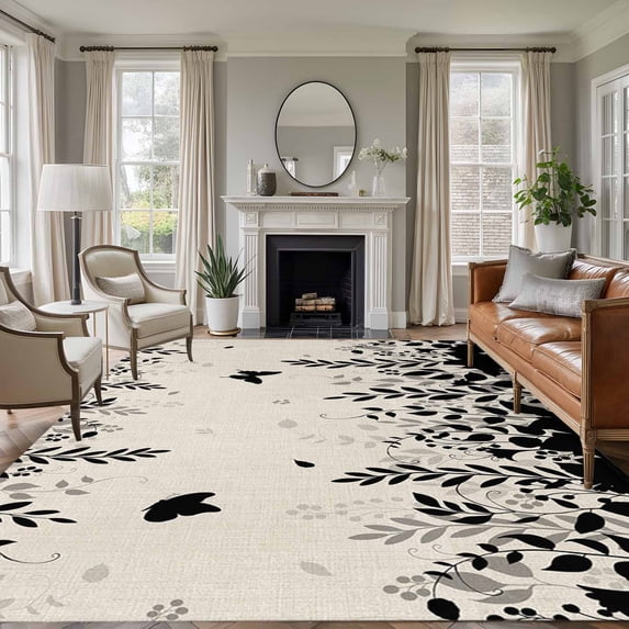 Spring Botanical Area Rugs 6'x9', Washable Small Throw Rugs for Kitchen Dining room, Black Eucalyptus Butterfly Rustic Indoor Outdoor Rug Non-Slip Low Pile Carpet Runner Reversible Floor Mats