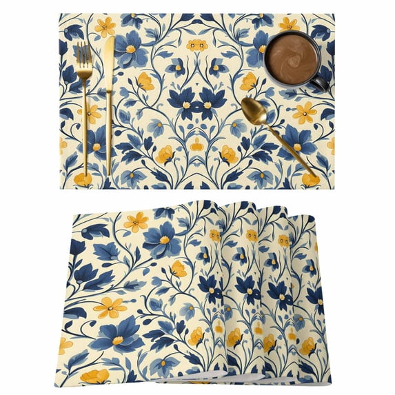 Spring Botanical Art Placemats Set of 4 Spring Floral Summer Flower Place Mats Indoor Wipeable Table Mats Washable Cloth Dining Table Placemats for Kitchen Holiday Party Home Decor 13x19 Inch