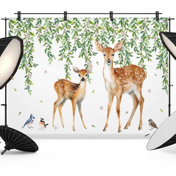 Spring Botanical Backdrop for Photography,Fabric Photo Background Backdrop,Watercolor Leaves Deers Birds Country Photo Booth Background for Portrait Photoshoot Video Wedding Studio Decor Banner 7x5ft