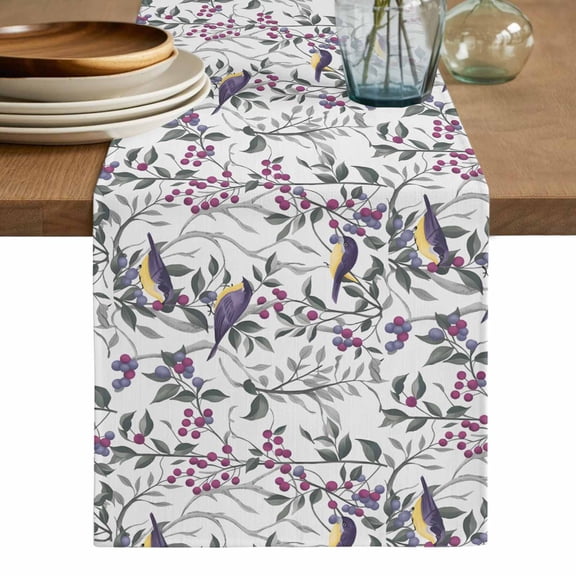 Spring Botanical Birds Table Runner, Garden Floral Twigs Farmhouse Washable Cotton Linen Table Runners 36 Inches Long, Dresser Scarf Runner for Nightstand/End Tables/Round Tables 13''x36''