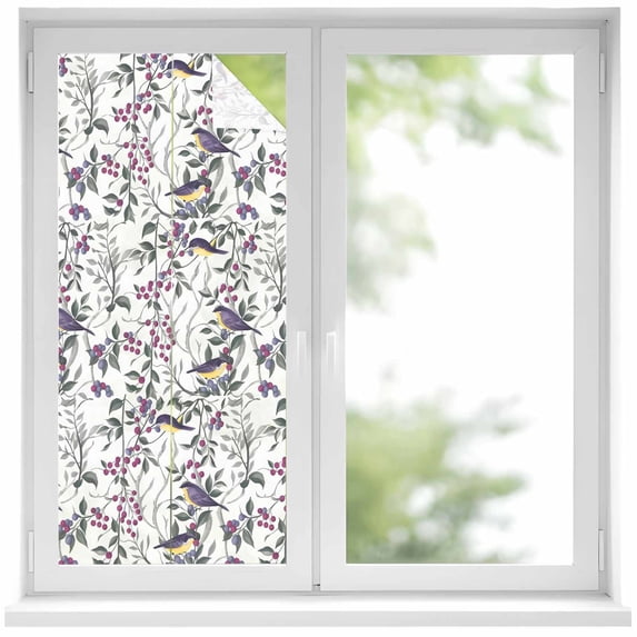 Spring Botanical Birds Window Privacy Film, Garden Floral Twigs Farmhouse Static Cling UV Sun Blocking Heat Control Window Tint Day and Night, Non-Adhesive One Way Windows Privacy Cover 19.6''x39.3''