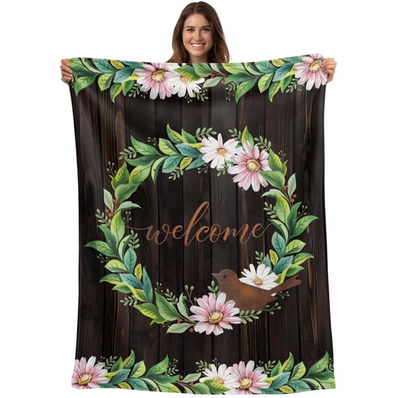 Spring Botanical Blanket Soft Cozy Warm Throw Blanket for Couch, Plush Fuzzy Flannel Fleece Blankets for Sofa, Garden Birds Floral Leaves Brown Wood Bed Blankets Lightweight Gifts for Women, 40"x50"