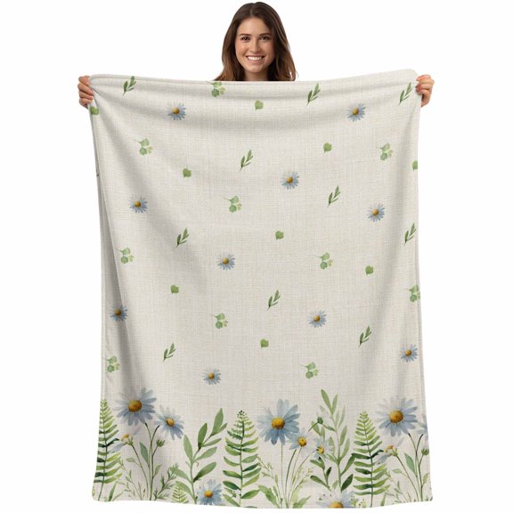 Spring Botanical Blanket Soft Cozy Warm Throw Blanket for Couch, Plush Fuzzy Flannel Fleece Blankets for Sofa, Rustic Pastoral Daisy Leaves Burlap Bed Blankets Lightweight Gifts for Women, 40"x50"
