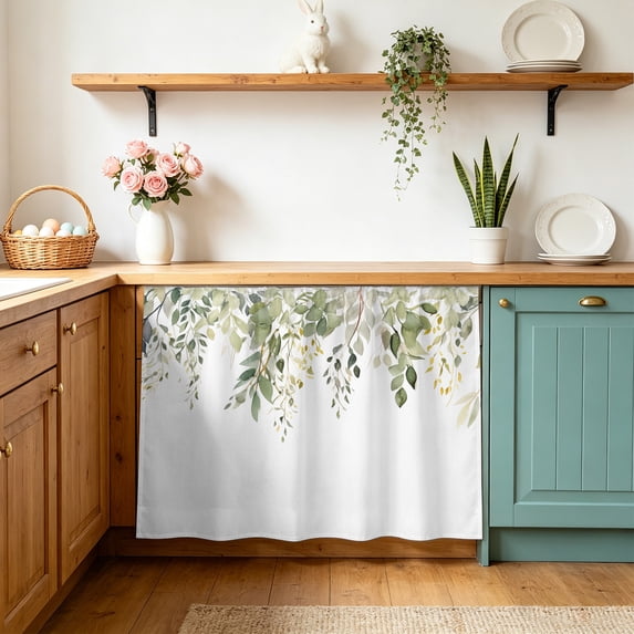 Spring Botanical Cabinet Curtain 28"Wx35"L, Dustproof Under Sink Skirt with Self Adhesive Tape, Teal Eucalyptus Leaves Watercolor Cabinet Curtain Cover for Bathroom Vanity, Kitchen Sink, Laundry Room