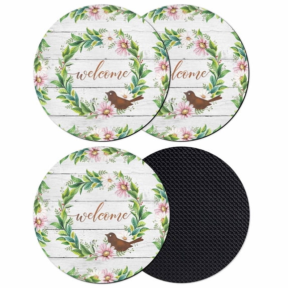 Spring Botanical Coasters Set of 4, Absorbent Coasters for Drinks, Garden Birds Floral Leaves Gray Woodn Coaster for Desk Coffee Table Protection, Home Decor House Warming Gifts 4"