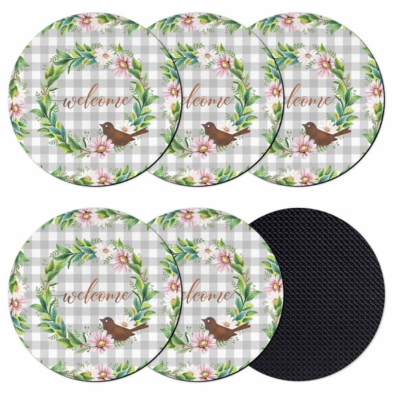 Spring Botanical Coasters Set of 6, Absorbent Coasters for Drinks, Garden Birds Floral Leaves Gray Plaid Coaster for Desk Coffee Table Protection, Home Decor House Warming Gifts 4"