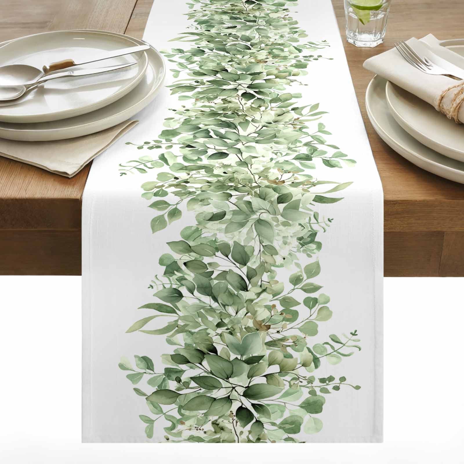 Spring Botanical Cotton Linen Table Runner Green Eucalyptus Leaves Dining Table Runners for Home Decor Party Dining Room Restaurant Kitchen 13" x 90"