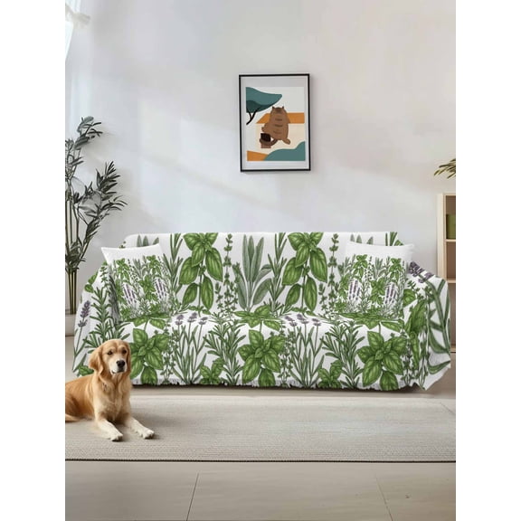 Spring Botanical Couch Cover Sofa Covers 3 Cushion Sectional Couch, Green Herbs Grass Flowers Vintage Country Washable Sofa Covers Slipcover Sectional Sofa Cover, Furniture Protector 71"x150"