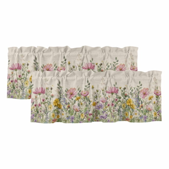 Spring Botanical Curtain Valances for Windows, Kitchen Valance Window Treatments Panel 2 Pack, Watercolor Floral Eucalyptus Leaves Beige Rod Pocket Short Curtains for Bathroom Bedroom 42 x 18 Inch