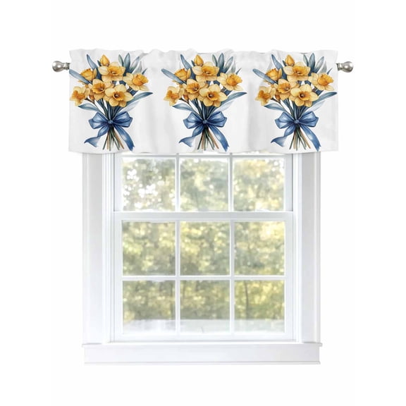 Spring Botanical Curtain Valances for Windows, Yellow Verdant Flower Patterns Kitchen Valance Window Treatment, Light Filtering Block Curtains for Bathroom/Bedroom/Living Room 42'' x 12''