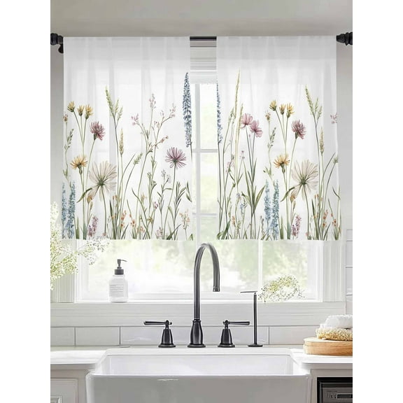 Spring Botanical Floral Sheer Curtains for Living Room Bedroom Farmhouse Summer Flowers Sheer Curtains 45 Inch Long 2 Panels Set Light Filtering Curtain Window Treatments Drapes for Dining Room