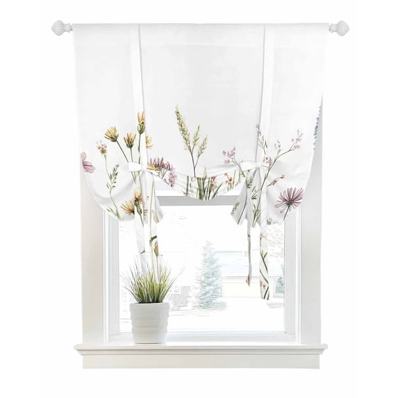 Spring Botanical Floral Tie Up Curtains for Window, Thermal Insulated Balloon Shade Adjustable Rod Pocket Curtains Valance Panels for Kitchen Bathroom Cafe 52 x 63 Farmhouse Summer Flowers