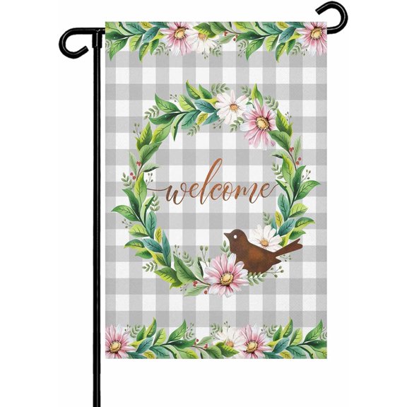 Spring Botanical Garden Flag Double Sided, Birds Floral Leaves Gray Plaid Outdoor House Flag Banner, 12 x 18 Inch Welcome Yard Flag for All Seasons