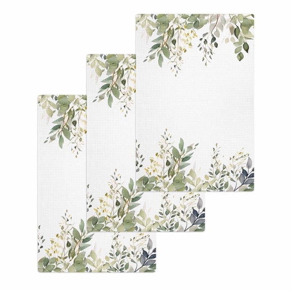 Spring Botanical Hand Towels Set, Waffle Weave Kitchen Towels 3 Pieces, Teal Eucalyptus Leaves Watercolor Microfiber Hair Face Bath Tea Towel Absorbent Quick Drying Cleaning Dish Cloths, 15.7"x23.6"