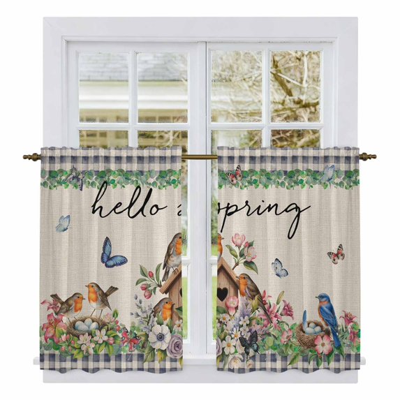 Spring Botanical Kitchen Curtain for Berdoom Living Room Cafe 54 Inch Length, Farmhouse Vintage Black Plaid Brown Tiers Curtains Light Filtering Drapes Rod Pocket Window Treatment 2 Panels 52"Wx54"L