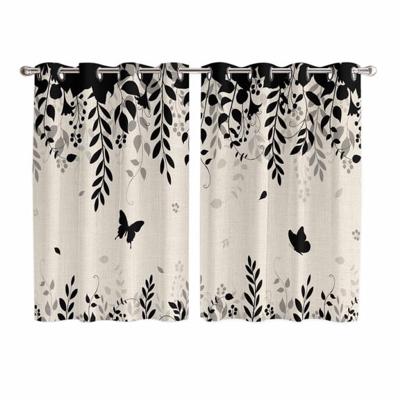 Spring Botanical Kitchen Curtains Window Panels, Black Eucalyptus Butterfly Rustic Insulated Window Treatment Curtain, Grommet Curtains for Bedroom/Living Room/Bathroom, 2 Piece 52"Wx72"L