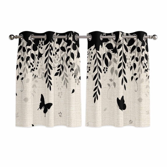 Spring Botanical Kitchen Curtains Window Panels, Black Eucalyptus Butterfly Rustic Insulated Window Treatment Curtain, Grommet Curtains for Bedroom/Living Room/Bathroom, 2 Piece 42"Wx45"L