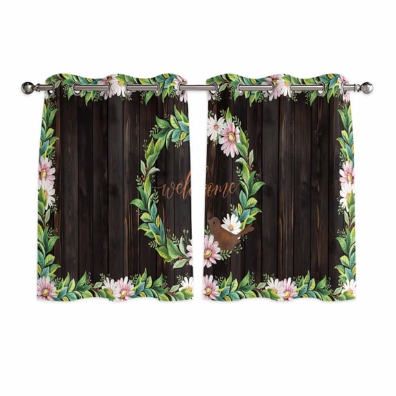 Spring Botanical Kitchen Curtains Window Panels, Garden Birds Floral Leaves Brown Wood Insulated Window Treatment Curtain, Grommet Curtains for Bedroom/Living Room/Bathroom, 2 Piece 42"Wx54"L