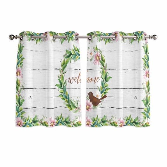 Spring Botanical Kitchen Curtains Window Panels, Garden Birds Floral Leaves Gray Woodn Insulated Window Treatment Curtain, Grommet Curtains for Bedroom/Living Room/Bathroom, 2 Piece 52"Wx45"L