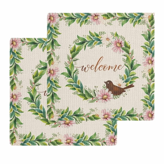 Spring Botanical Kitchen Dish Towels for Drying Dishes Set of 2, Garden Birds Floral Leaves Rustic Burlap Waffle Weave Microfiber Hand Tea Bathroom Towels Quick Dry & Absorbent Towel 12x12