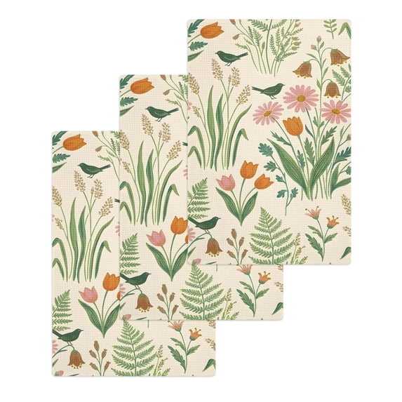 Spring Botanical Kitchen Dish Towels for Drying Dishes Set of 3, Country Farmhouse Wildflower Watercolor Waffle Weave Microfiber Hand Tea Bathroom Towels Quick Dry & Absorbent Towel 15.7x23.6