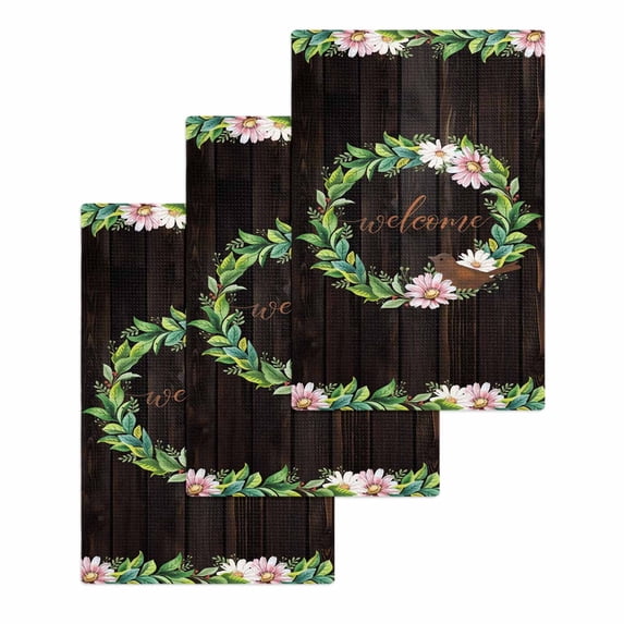 Spring Botanical Kitchen Dish Towels for Drying Dishes Set of 3, Garden Birds Floral Leaves Brown Wood Waffle Weave Microfiber Hand Tea Bathroom Towels Quick Dry & Absorbent Towel 15.7x23.6