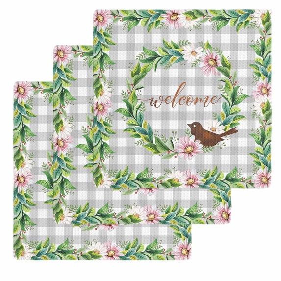Spring Botanical Kitchen Dish Towels for Drying Dishes Set of 3, Garden Birds Floral Leaves Gray Plaid Waffle Weave Microfiber Hand Tea Bathroom Towels Quick Dry & Absorbent Towel 12x12