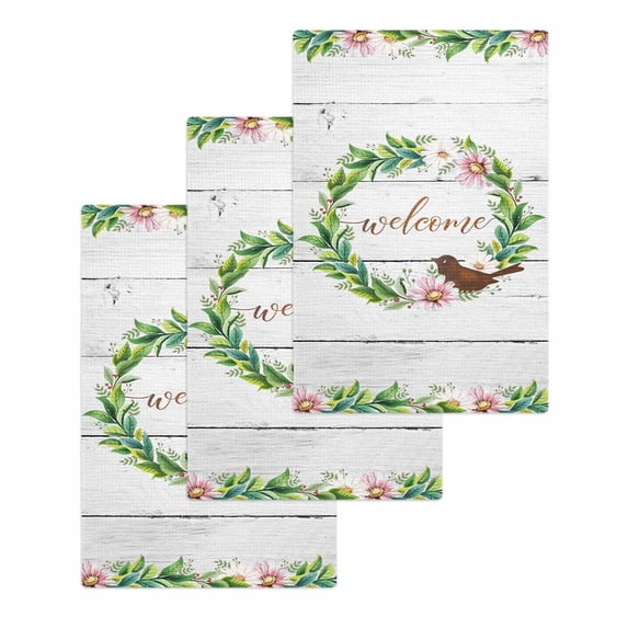 Spring Botanical Kitchen Dish Towels for Drying Dishes Set of 3, Garden Birds Floral Leaves Gray Woodn Waffle Weave Microfiber Hand Tea Bathroom Towels Quick Dry & Absorbent Towel 15.7x23.6
