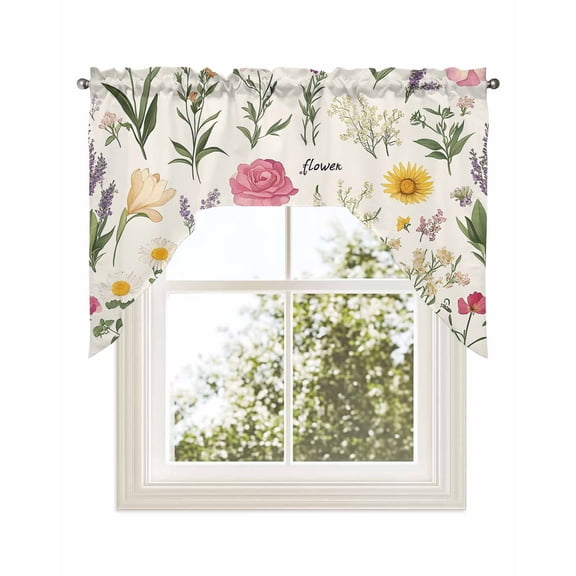 Spring Botanical Kitchen Swag Valance for Window,Rod Pocket Short Kitchen Curtains&nbsp;36 Inch Length,Colorful Cottagecore Blooms Flower Swag Topper Small Window Treatment for Cafe Bathroom Bedroom
