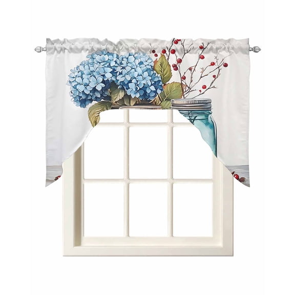Spring Botanical Kitchen Swag Valances for Windows, Blue Floral Vase Watercolor Swag Valances Curtains for Living Room, Rod Pocket Window Treatments for Bathroom, Bedroom, Cafe, 56"x36"