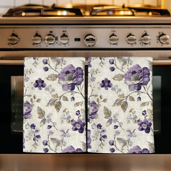 Spring Botanical Kitchen Towels Set of 2, Watercolor Purple Floral Leaf Vintage Beige Absorbent Dish Towels for Kitchen, Microfiber Hand Towel, Quick Drying Tea Towel for Cleaning Dishcloths