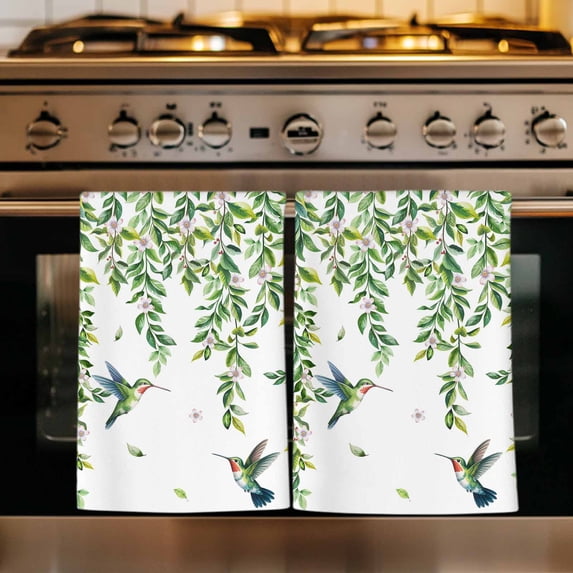 Spring Botanical Kitchen Towels Set of 3, Watercolor Leaves Flowers Birds Country Absorbent Dish Towels for Kitchen, Microfiber Hand Towel, Quick Drying Tea Towel for Cleaning Decorative Dishcloths