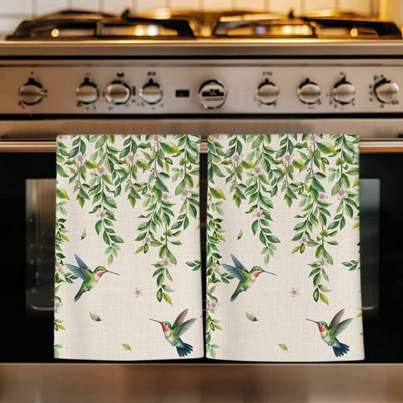 Spring Botanical Kitchen Towels Set of 4, Watercolor Leaves Flowers Birds Beige Absorbent Dish Towels for Kitchen, Microfiber Hand Towel, Quick Drying Tea Towel for Cleaning Decorative Dishcloths