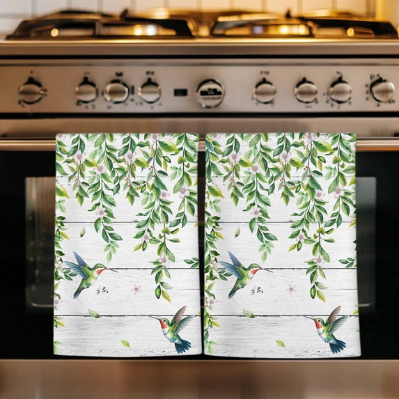 Spring Botanical Kitchen Towels Set of 4, Watercolor Leaves Flowers Birds Gray Wood Absorbent Dish Towels for Kitchen, Microfiber Hand Towel, Quick Drying Tea Towel for Cleaning Decorative Dishcloths