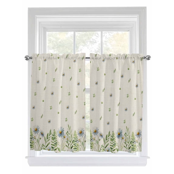Spring Botanical Living Room Curtains 2 Panel, Rustic Pastoral Daisy Leaves Burlap Cafe Window Treatment, Farmhouse Bedroom Bathroom Kitchen Curtains Drapes 104"x45"