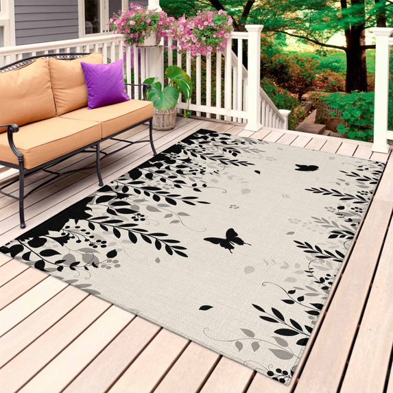 Spring Botanical Outdoor Rug 3x5 Ft, Non Slip Washable Area Rug, Black Eucalyptus Butterfly Rustic Patio Rugs Carpet Runner, Large Floor Mat for Indoor/Outdoor Deck Porch Camping