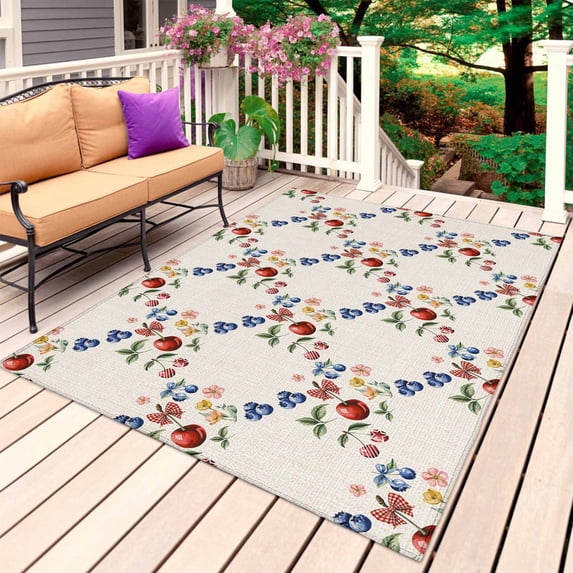 Spring Botanical Outdoor Rug 3x5 Ft, Non Slip Washable Area Rug, Rustic Summer Fruits Floral Patio Rugs Carpet Runner, Large Floor Mat for Indoor/Outdoor Deck Porch Camping