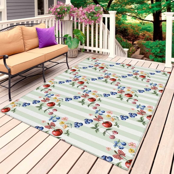 Spring Botanical Outdoor Rug 3x5 Ft, Non Slip Washable Area Rug, Sage Green Striped Fruits Floral Patio Rugs Carpet Runner, Large Floor Mat for Indoor/Outdoor Deck Porch Camping