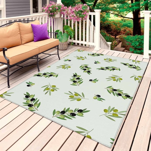 Spring Botanical Outdoor Rug 5x8 Ft, Non Slip Washable Area Rug, Green Olive Berry Branches Leaves Fruit Patio Rugs Carpet Runner, Large Floor Mat for Indoor/Outdoor Deck Porch Camping
