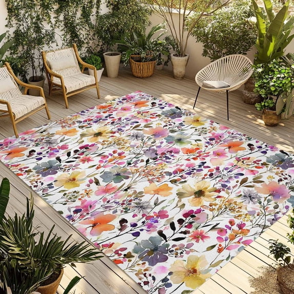 Spring Botanical Outdoor Rug for Patio/Deck/Porch, Non-Slip Large Area Rug 4 x 6 Ft, Watercolor Floral Flowers Country Vintage Indoor Outdoor Rugs Washable Area Rugs, Camping Rug Carpet Runner