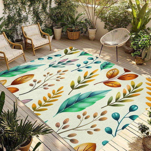 Spring Botanical Outdoor Rug for Patio/Deck/Porch, Non-Slip Large Area Rug 5 x 8 Ft, Watercolor Leaves Floral Rustic Cream Indoor Outdoor Rugs Washable Area Rugs, Reversible Camping Rug Carpet Runner