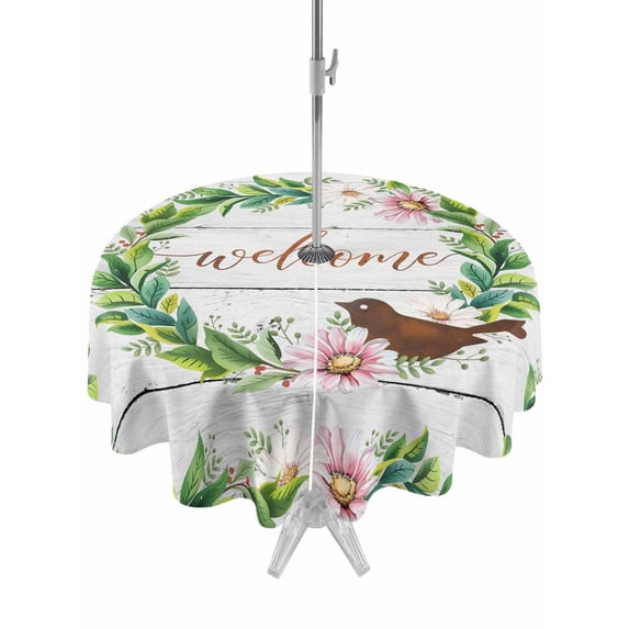 Spring Botanical Outdoor Tablecloth - 60 Inch Round Dining Table Cover, Garden Birds Floral Leaves Gray Woodn Waterproof Outdoor Table Cloth with Umbrella Hole & Zipper for Picnic/Patio/Party