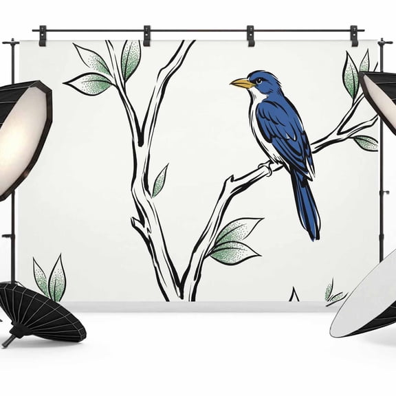 Spring Botanical Photography Backdrop 7x5FT, Watercolor Navy Blue Bird Gradient Green Leaves Photo Backdrops, Background for Photography Studio Photo Studio Background, Back Drop for Photoshoot