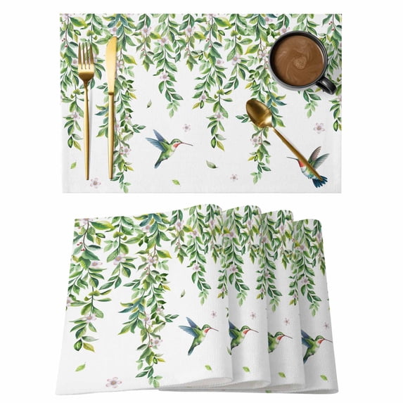 Spring Botanical Placemats Set of 6, Watercolor Leaves Flowers Birds Country Placemats for Dining Table, Place Mats for Kitchen Tabletop, Waterproof Wipeable Dining Table Mats Set