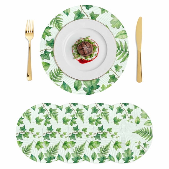 Spring Botanical Round 13 Inch Placemats Set of 4, Green Ivy Ferns Oak Leaves Light Blue HeatResistant Non Slip Place Mats for Dining Table, Wipeable Braided Kitchen Table Mats for Housewarming